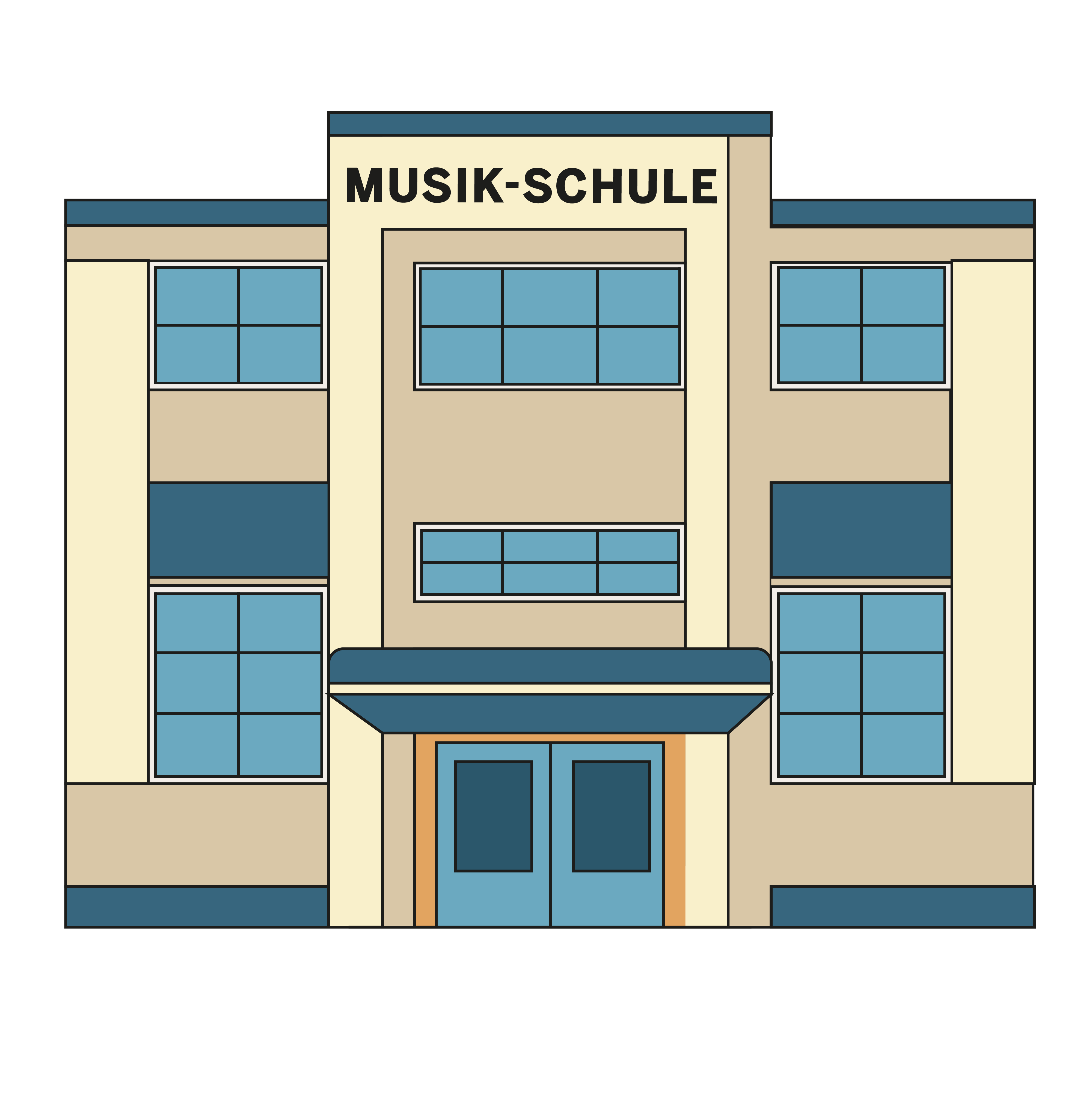 Illustration: Ein Gebäude mit Aufschrift "Musik-Schule".