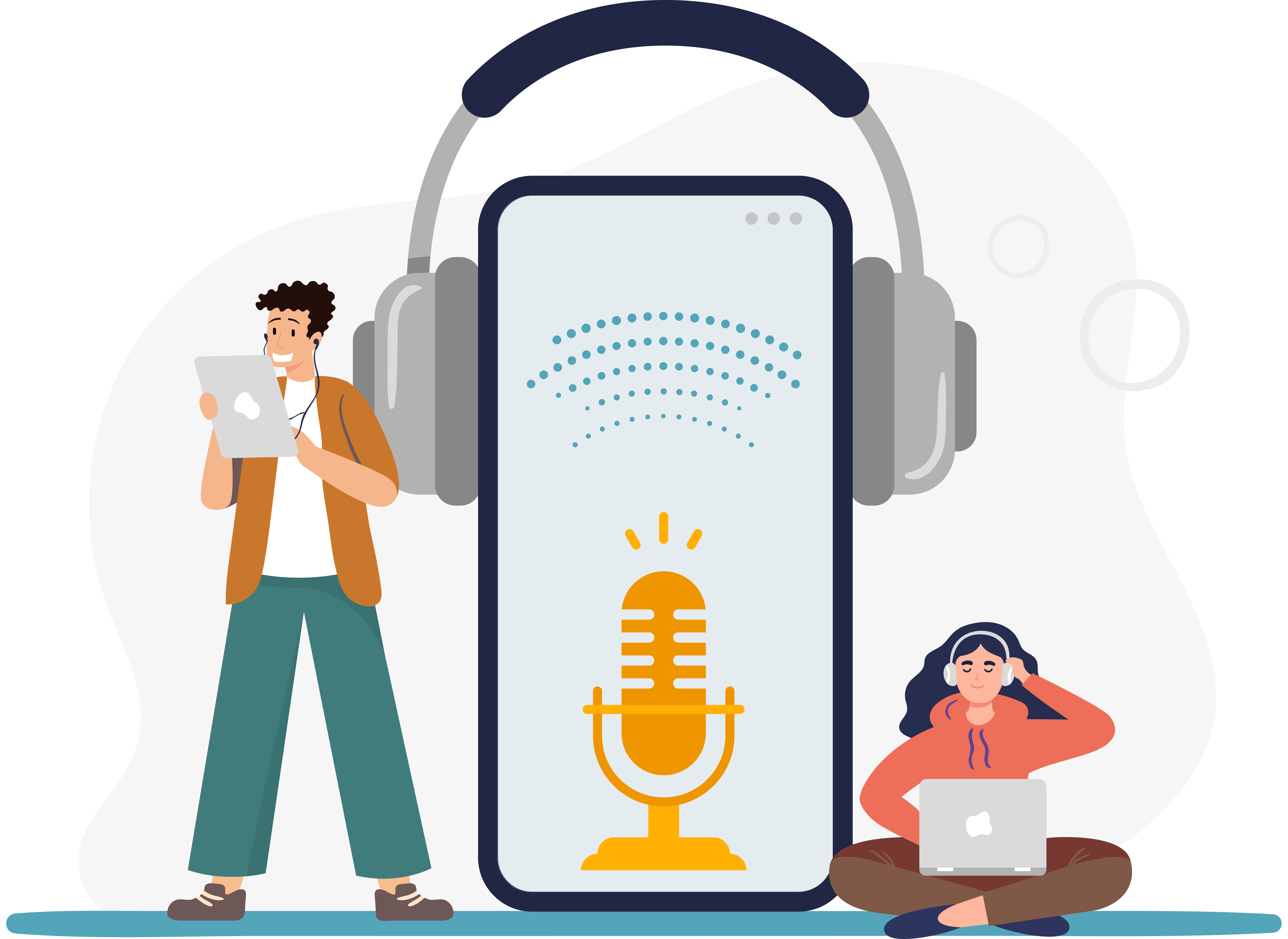 Illustration: Ein übergroßes Smartphone, das Kopfhörer auf hat, links und rechts davon zwei Menschen mit Notebook und Tablet.