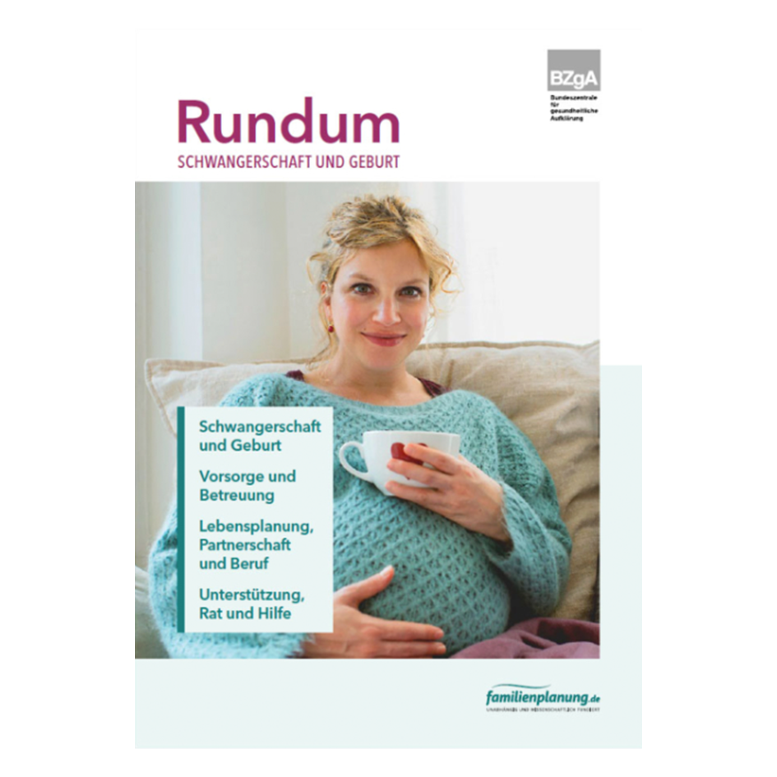 Die Titelseite der Broschüre Rundum Schwangerschaft und Geburt zeigt eine schwangere Frau.