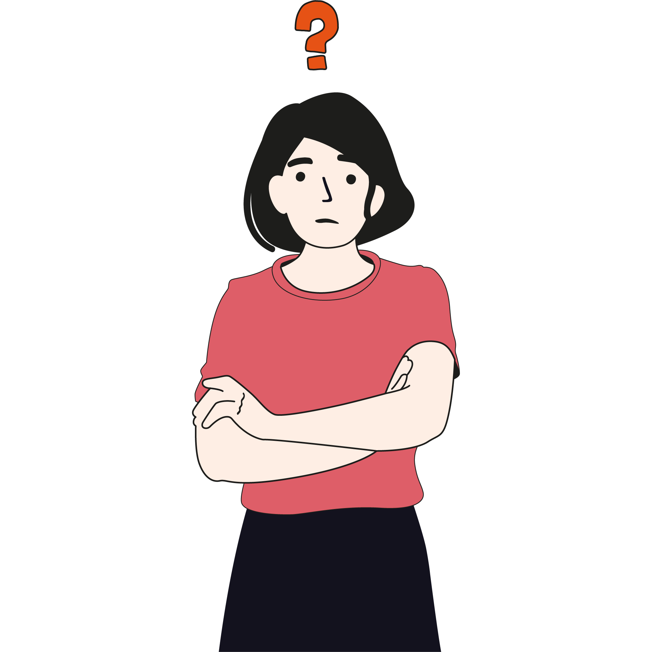 Illustration: Eine Frau stellt sich Fragen.