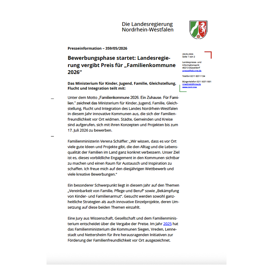 Vorschaubild zur Pressemitteilung Ausschreibung Familienfreundliche Kommune 2026