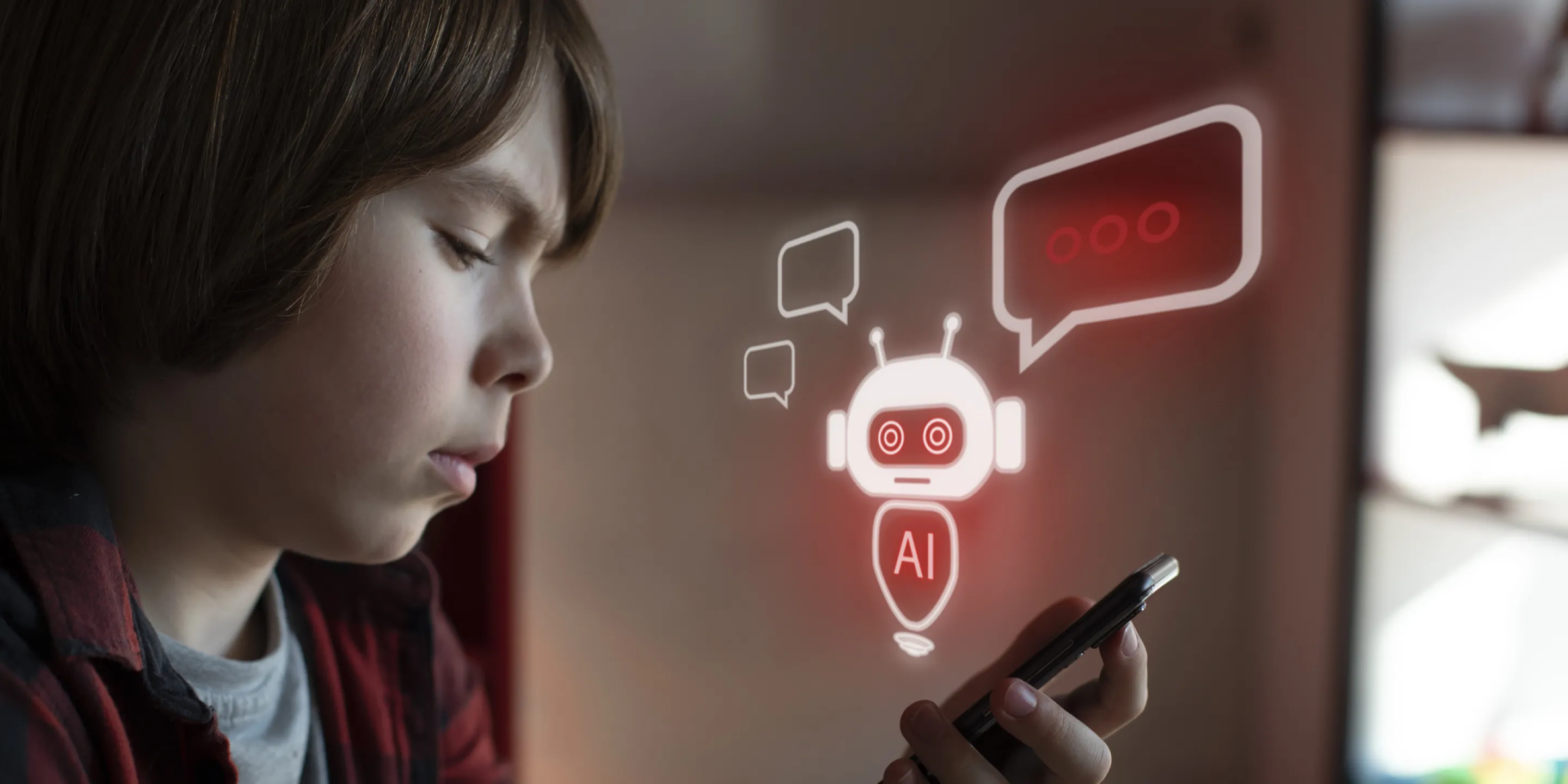 Ein Junge interagiert mit KI auf seinem Smartphone.