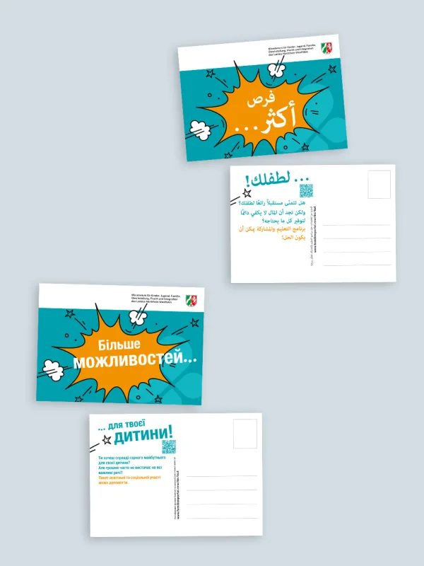 Die Postkarte zu BuT-Mitteln auf Arabisch und Ukrainisch.