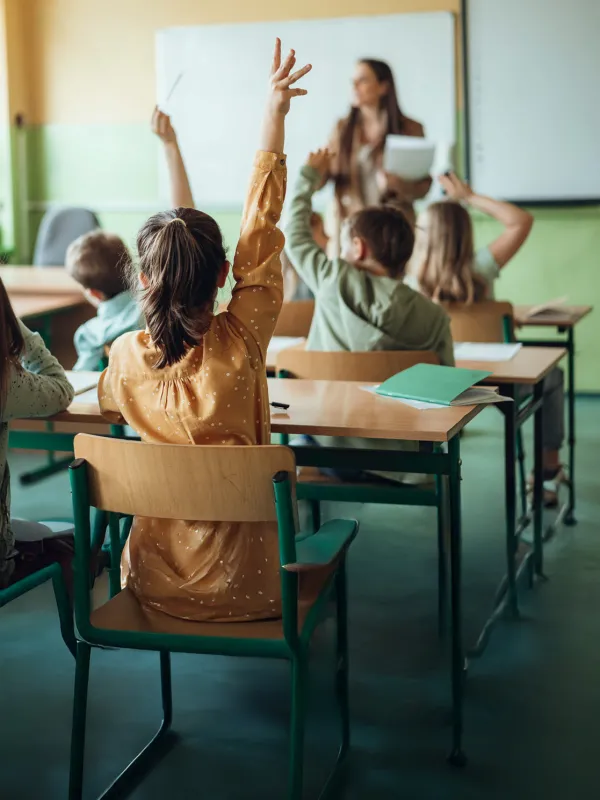 Grundschülerinnen und -schüler melden sich im Unterricht.