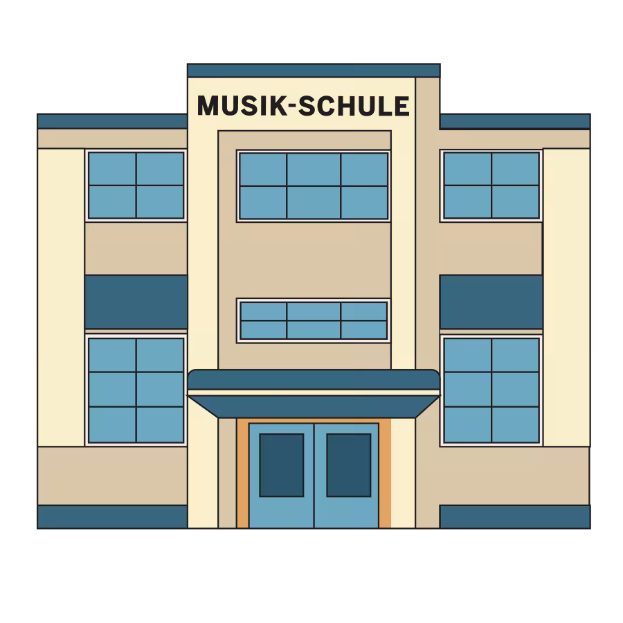 Illustration: Ein Gebäude mit Aufschrift "Musik-Schule".