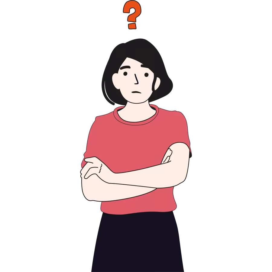 Illustration: Eine Frau stellt sich Fragen.