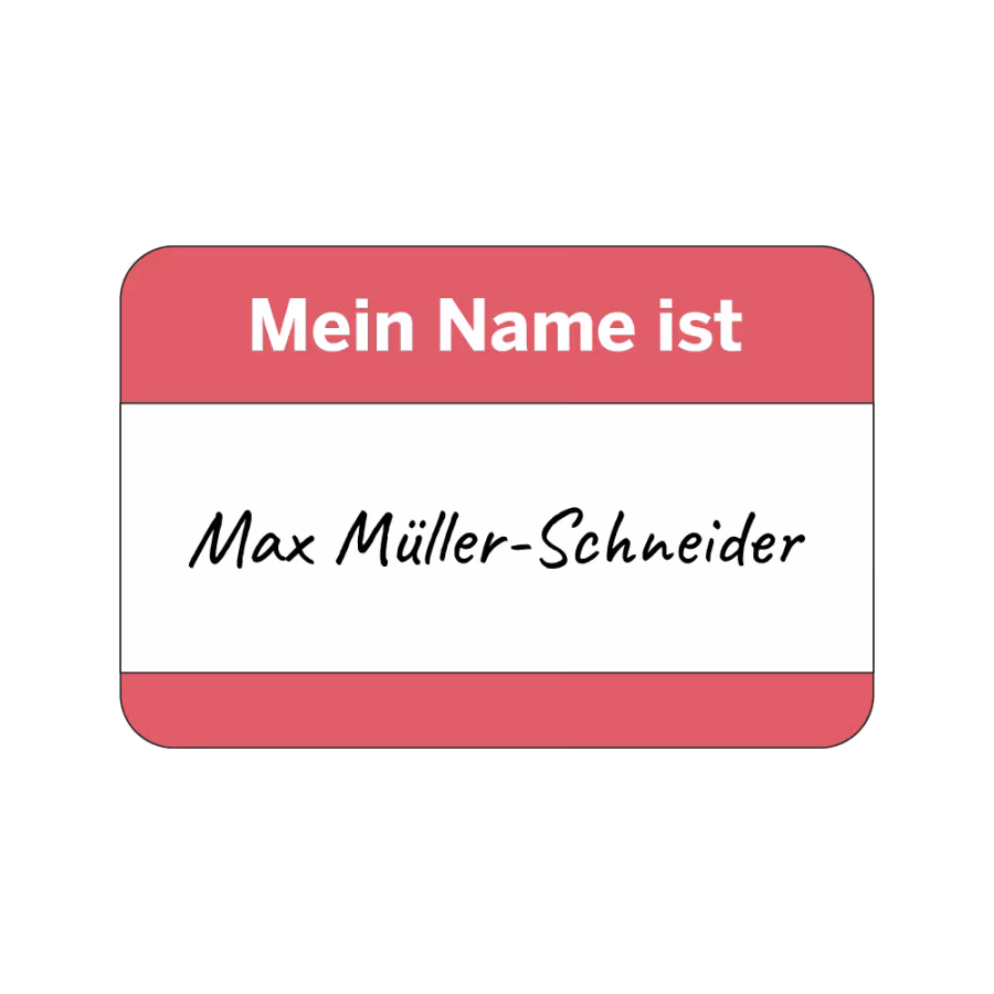 Ein Namensschild, auf dem steht: "Max Müller-Schneider".
